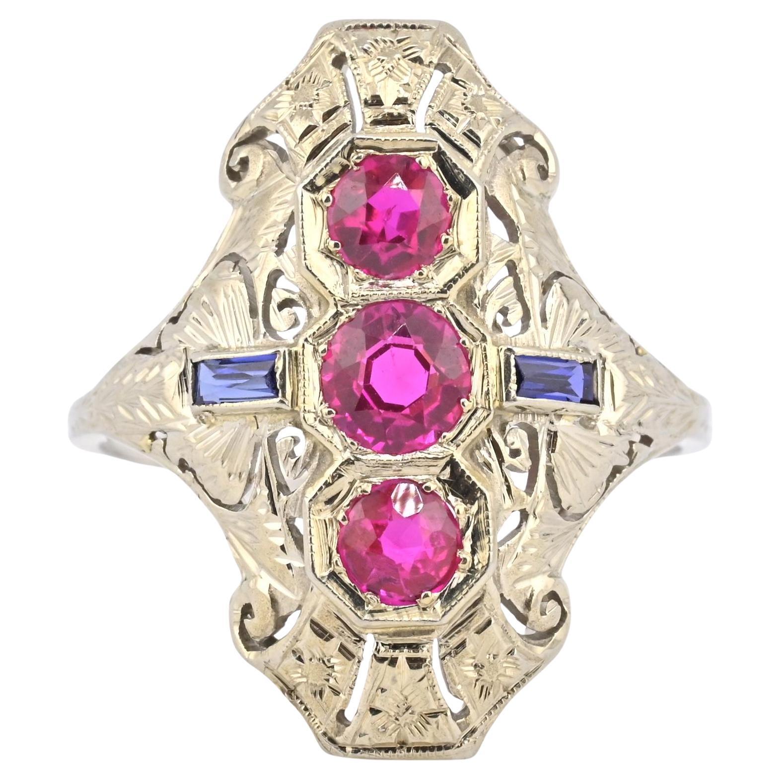 18K White Gold Ruby & Sapphire Ring Art Deco Period IGI Certified Ring Size 9.25