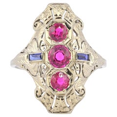 18K White Gold Ruby & Sapphire Ring Art Deco Period IGI Certified Ring Size 9.25