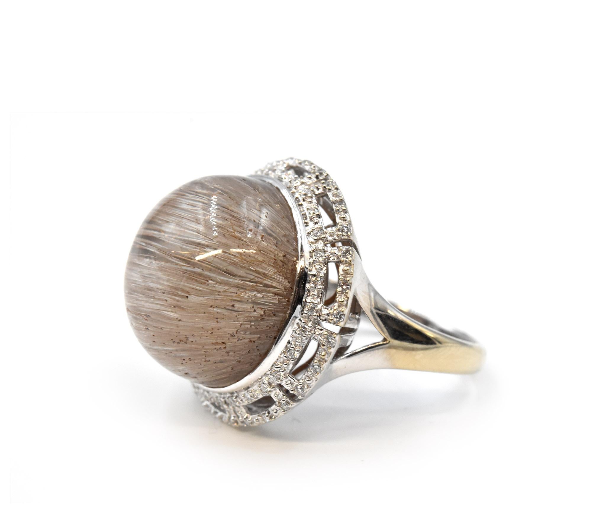 Cabochon 18k White Gold Rutilated Quartz and Diamond Ring For Sale