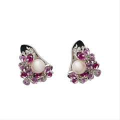 18K White Gold Sakura Floral  Akoya Pearl Sapphire Earrings