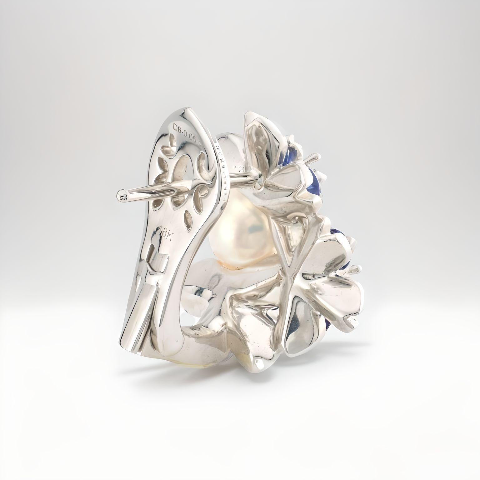 18K White Gold Sakura Floral  Akoya Pearl Sapphire Earrings In New Condition For Sale In Hong Kong, HK