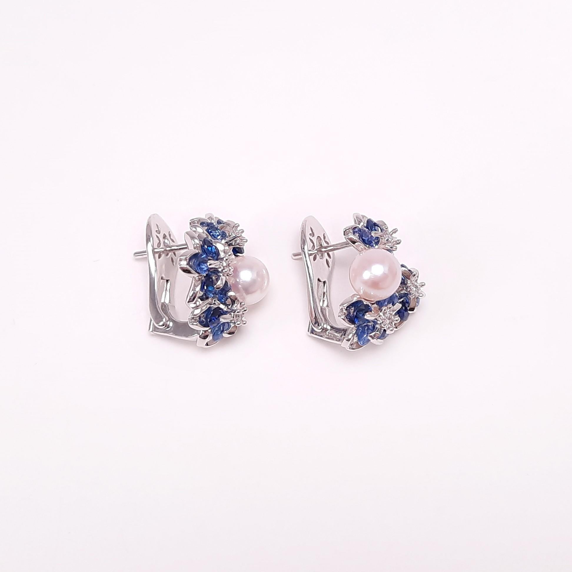 Contemporary 18K White Gold Sakura Floral  Akoya Pearl Sapphire Earrings For Sale