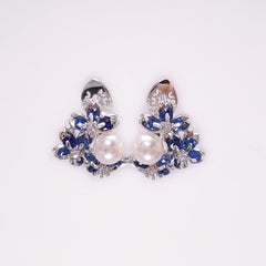 18K White Gold Sakura Floral  Akoya Pearl Sapphire Earrings