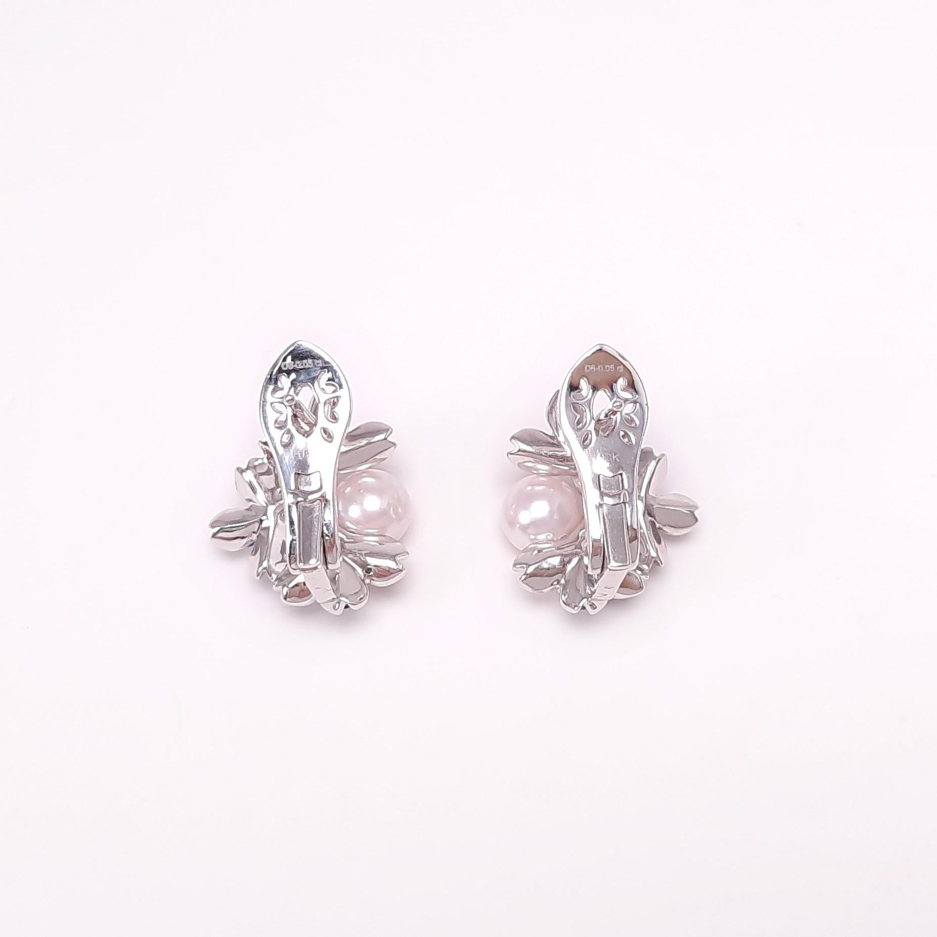 Round Cut 18K White Gold Sakura Floral  Akoya Pearl Sapphire Earrings For Sale