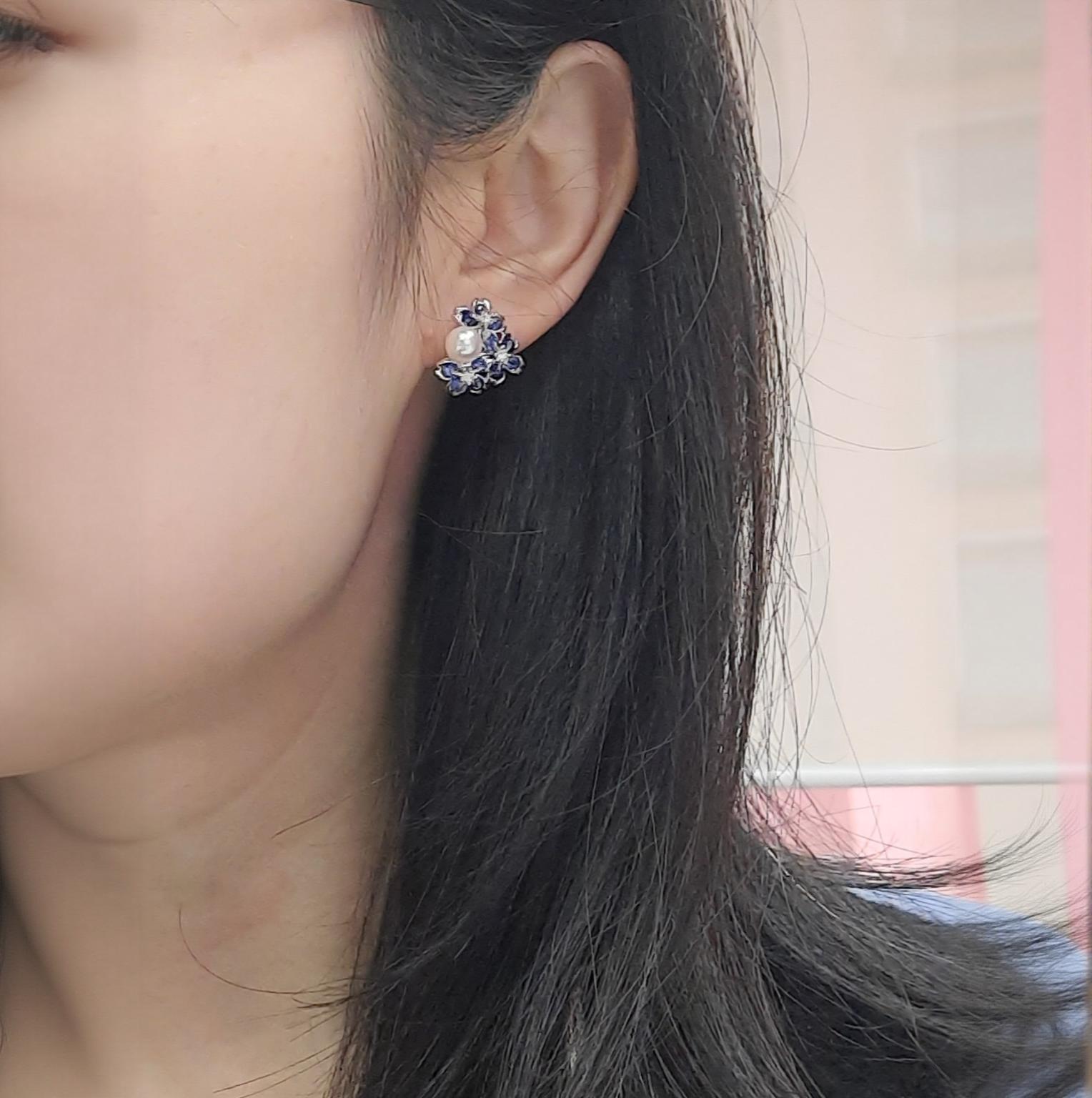 18K White Gold Sakura Floral  Akoya Pearl Sapphire Earrings For Sale 1
