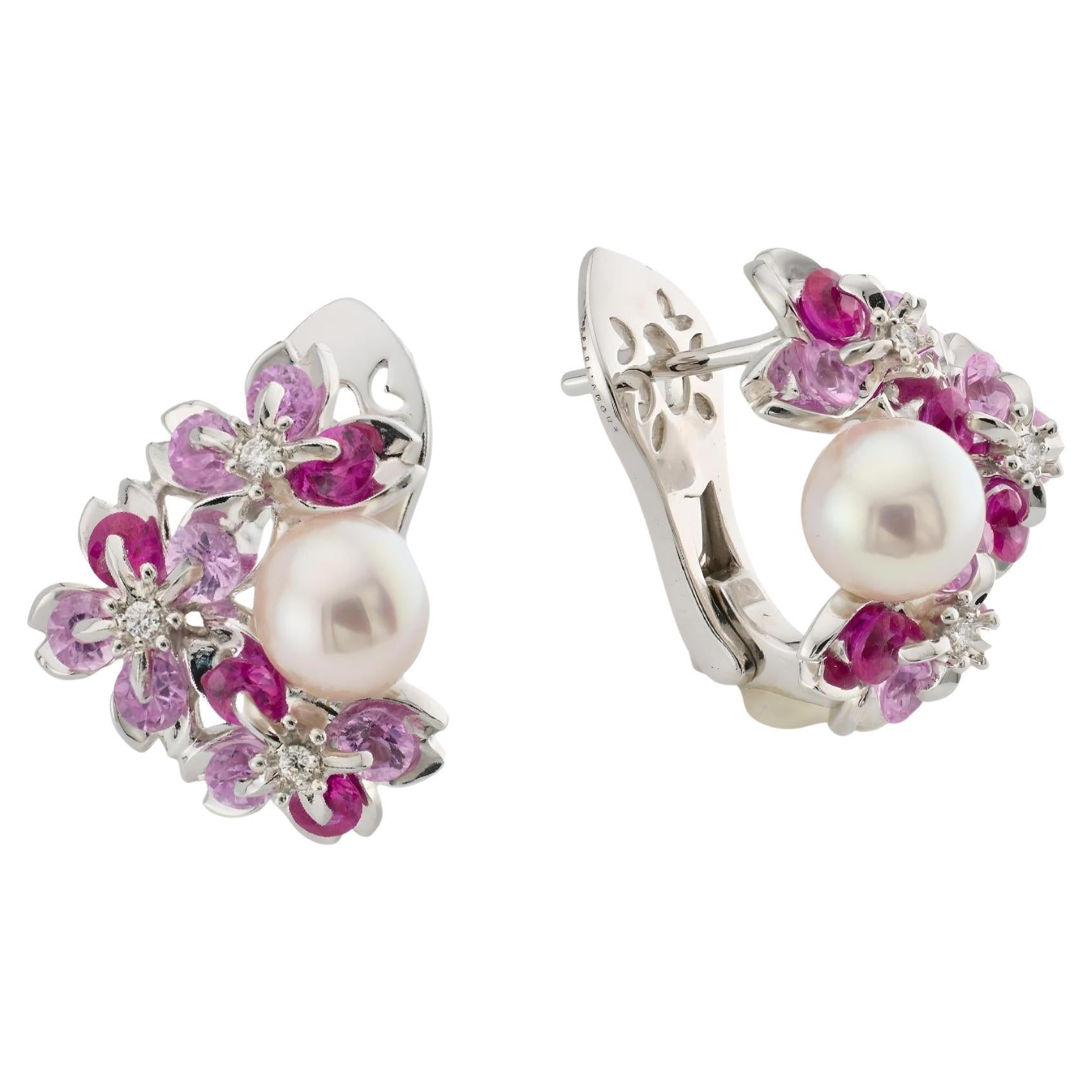 18K White Gold Sakura Floral  Akoya Pearl Sapphire Earrings
