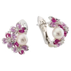 18K White Gold Sakura Floral  Akoya Pearl Sapphire Earrings