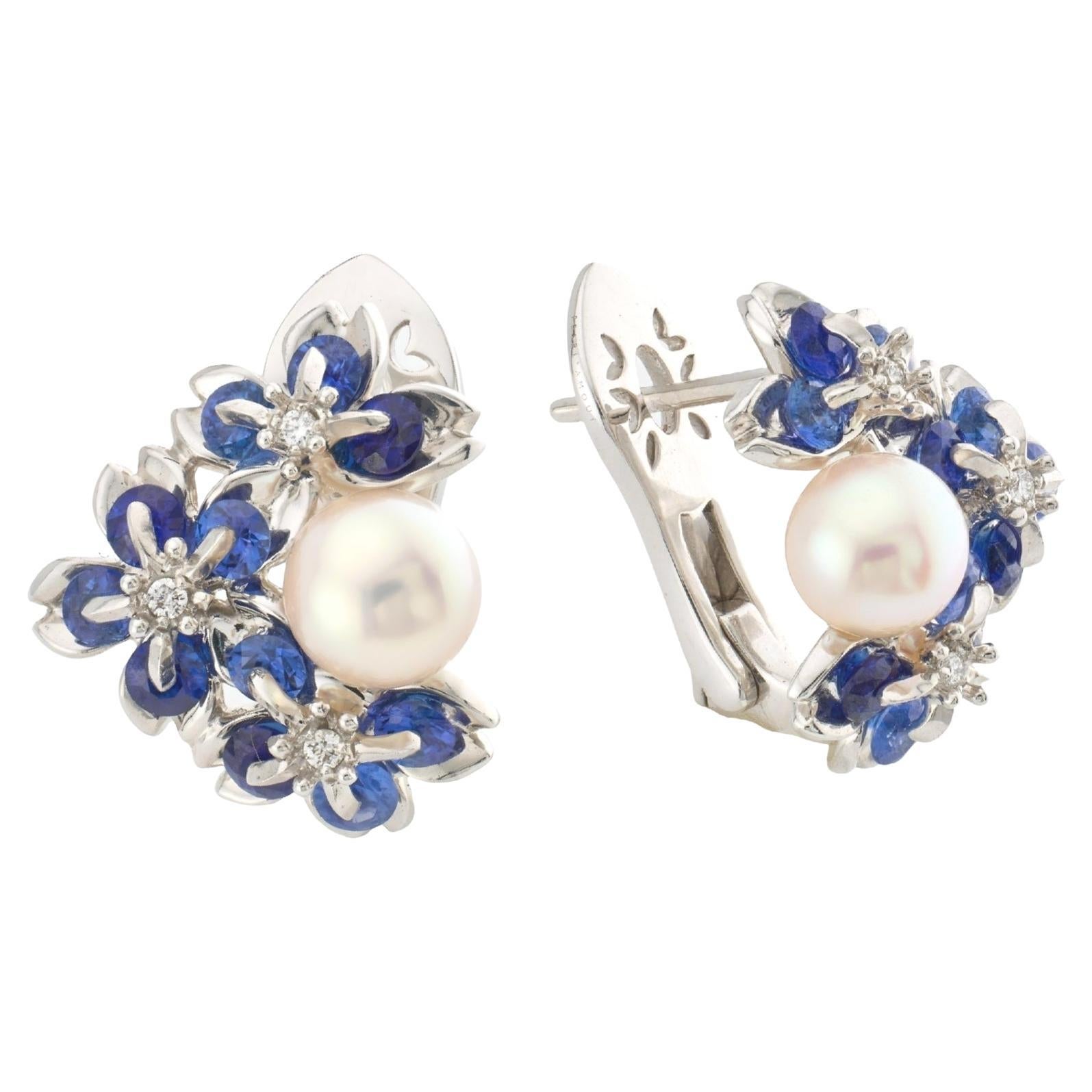 18K White Gold Sakura Floral  Akoya Pearl Sapphire Earrings