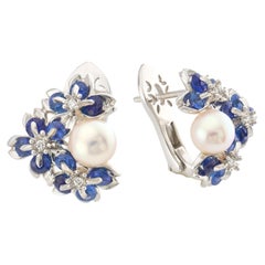 18K White Gold Sakura Floral  Akoya Pearl Sapphire Earrings