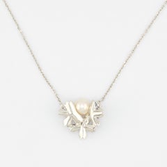 18K White Gold Sakura Floral  Akoya Pearl Sapphire Necklace