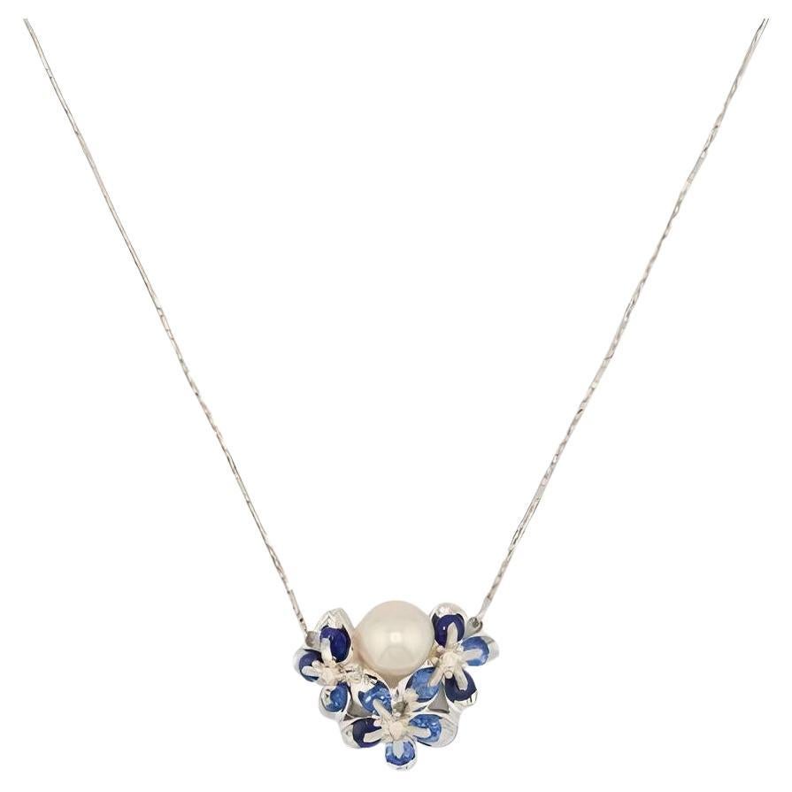 18K White Gold Sakura Floral  Akoya Pearl Sapphire Necklace