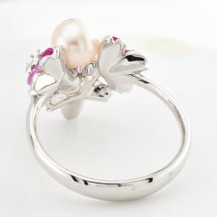 18K White Gold Sakura Floral  Akoya Pearl Sapphire Ring