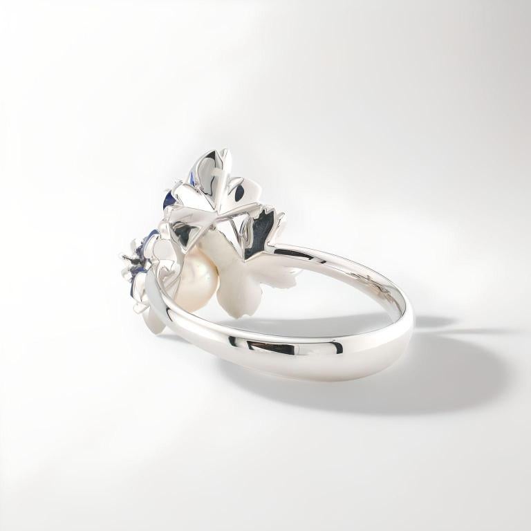 Contemporary 18K White Gold Sakura Floral  Akoya Pearl Sapphire Ring For Sale