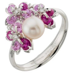 Floral Sakura de oro blanco de 18 quilates  Anillo Zafiro Perla Akoya