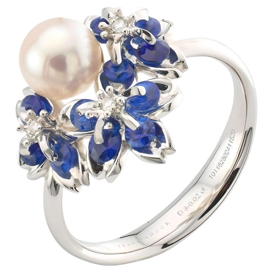 Floral Sakura de oro blanco de 18 quilates  Anillo Zafiro Perla Akoya