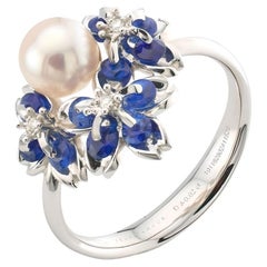 Floral Sakura de oro blanco de 18 quilates  Anillo Zafiro Perla Akoya