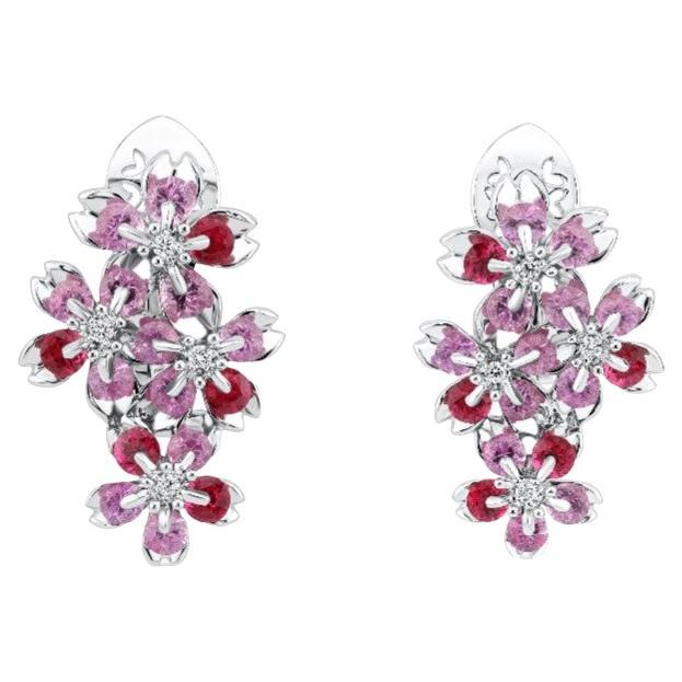 Floral Sakura de oro blanco de 18 quilates  Pendientes Espinela Zafiro