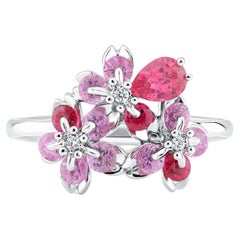 Or blanc 18K Sakura Floral  Bague spinelle saphir