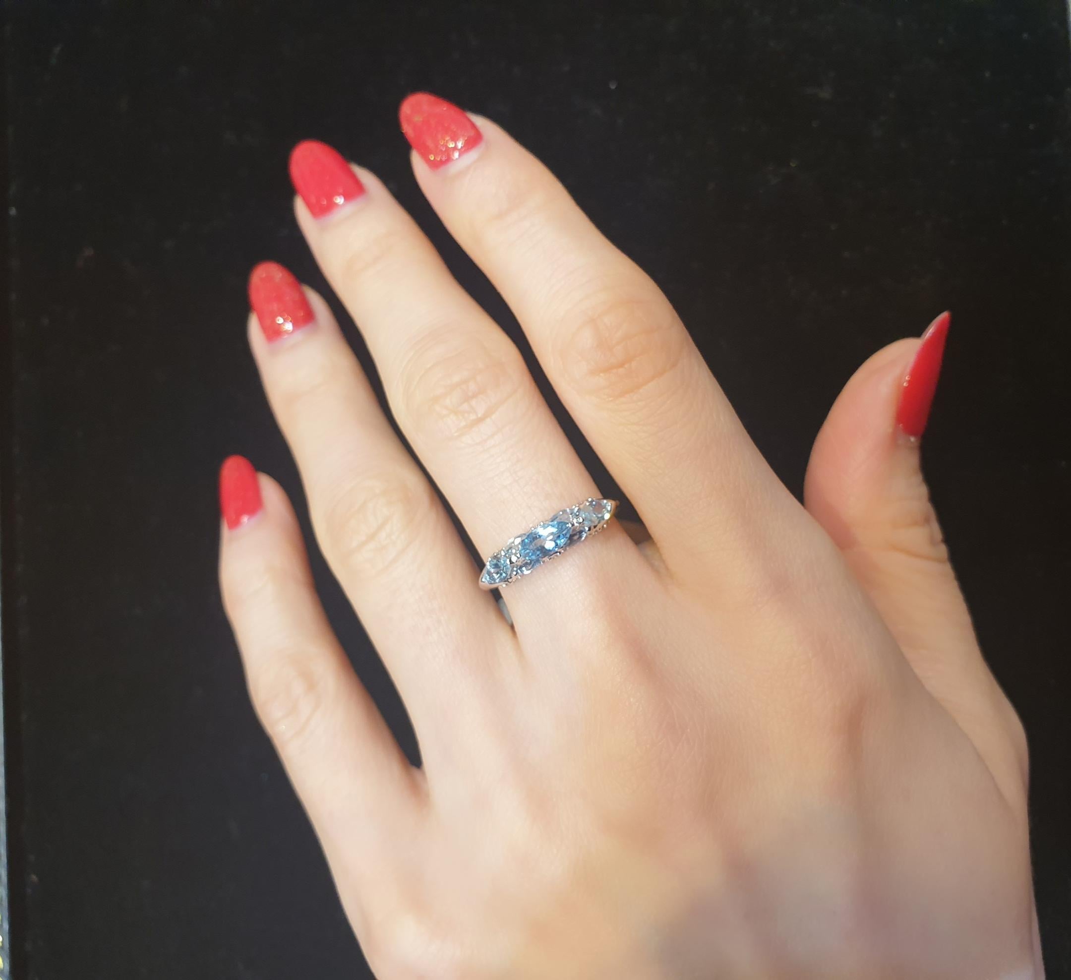 Anillo de Diamantes Aguamarina Santa María de Oro Blanco de 18 K Corte marquesa en venta