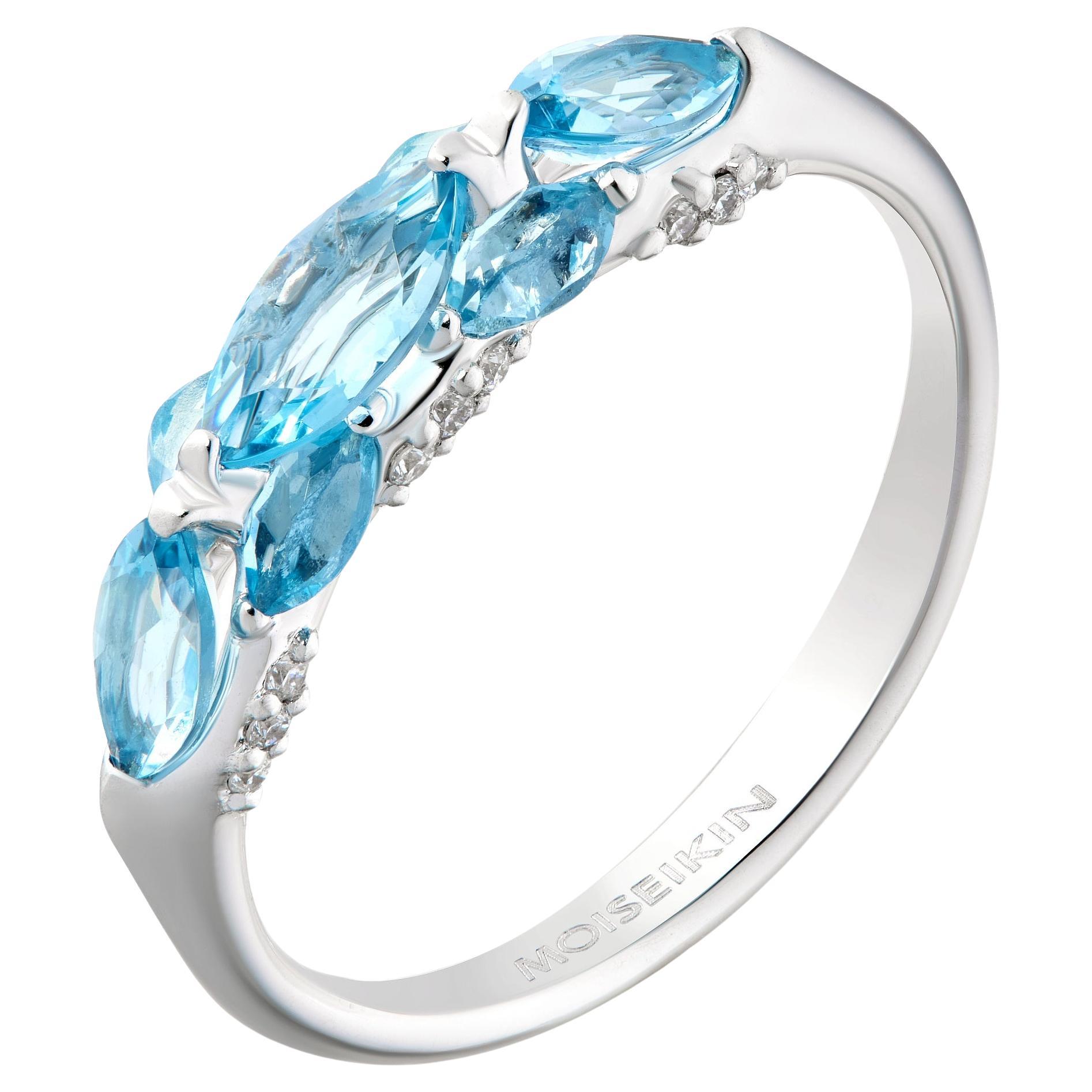 Anillo de Diamantes Aguamarina Santa María de Oro Blanco de 18 K