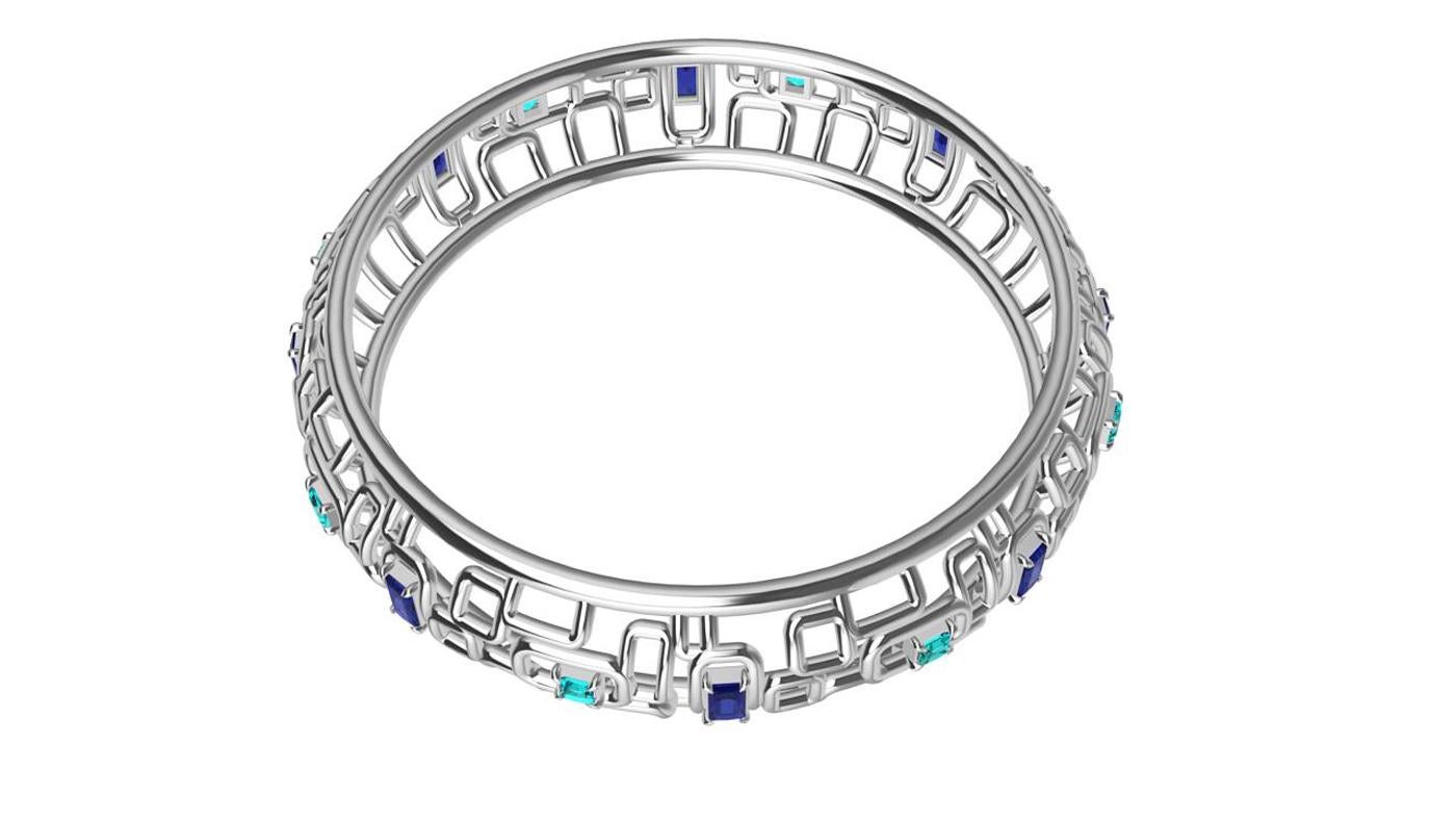 Taille émeraude Bracelet « Aquarelle et lumière » en or blanc 18 carats avec saphirs et aigues-marines en vente