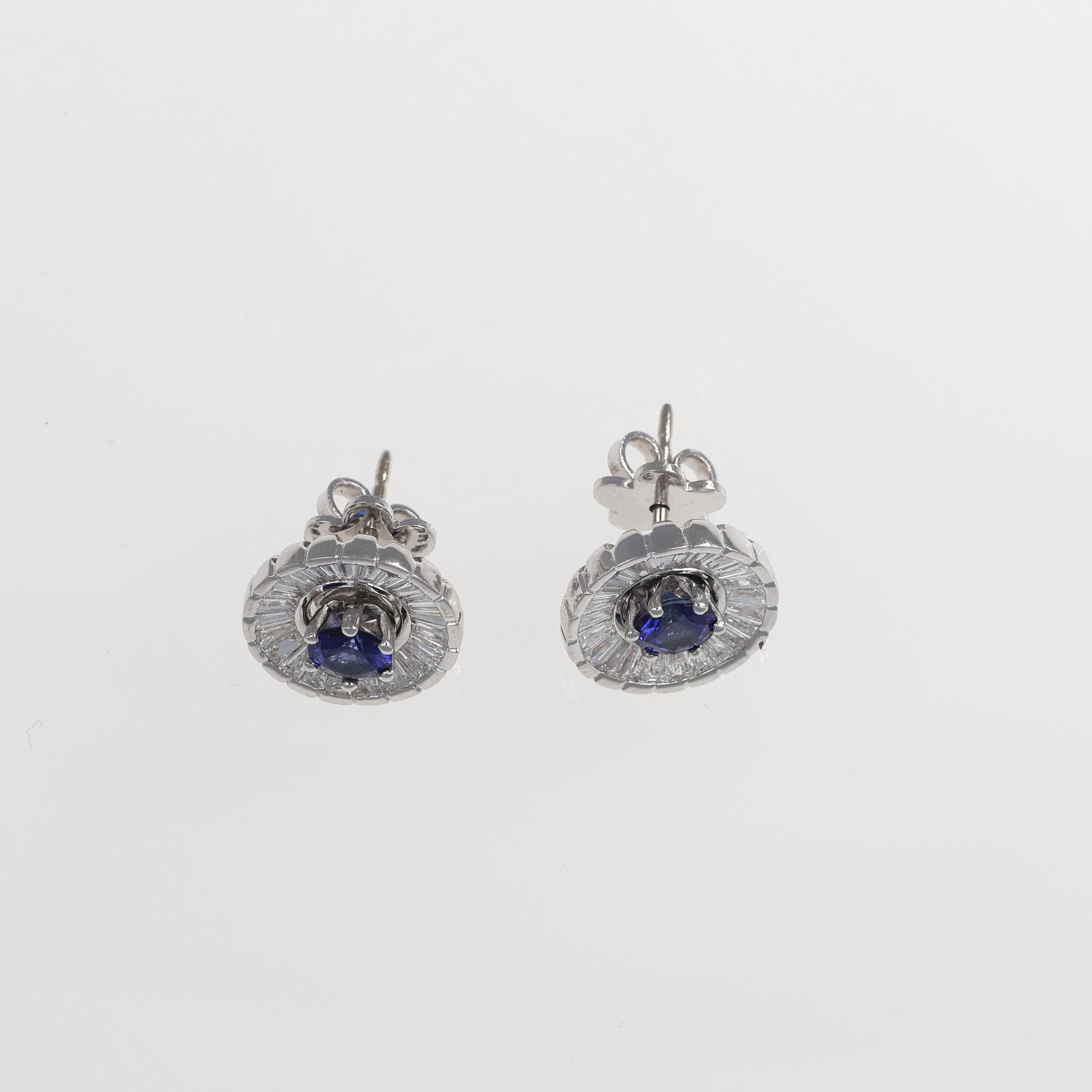 Brilliant Cut 18K White Gold Sapphire and Baguette Diamond Stud Earrings For Sale