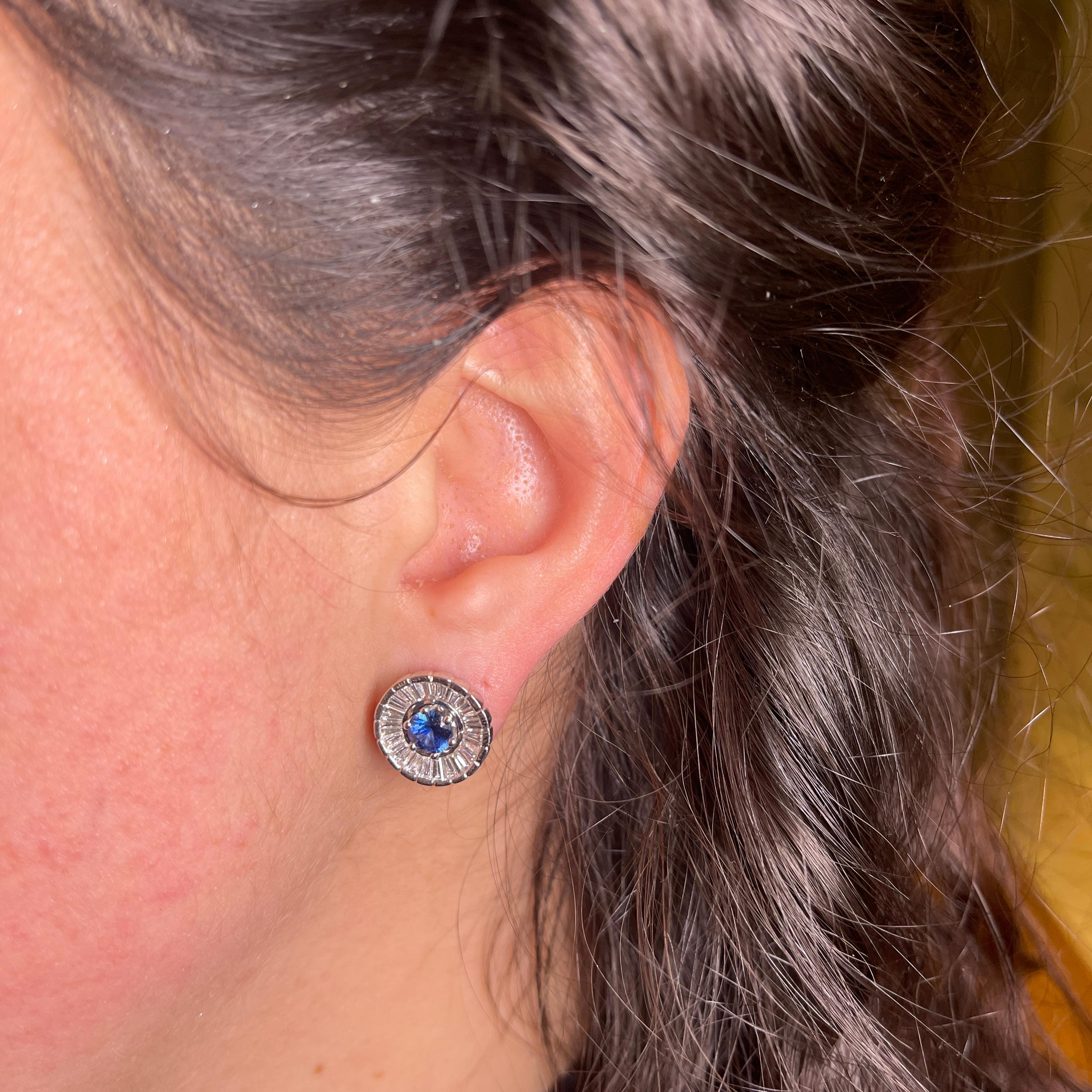 Women's or Men's 18K White Gold Sapphire and Baguette Diamond Stud Earrings For Sale
