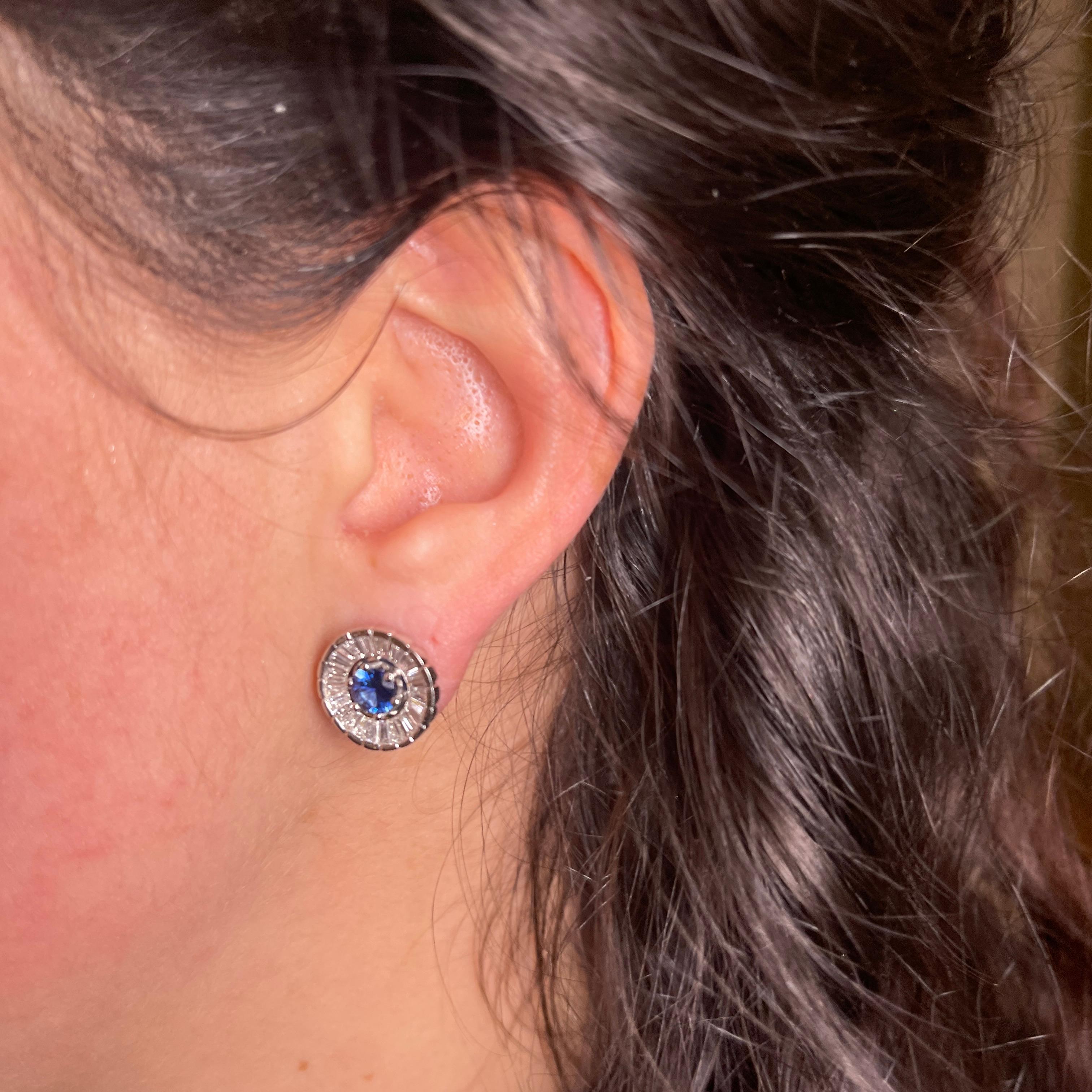 18K White Gold Sapphire and Baguette Diamond Stud Earrings For Sale 2