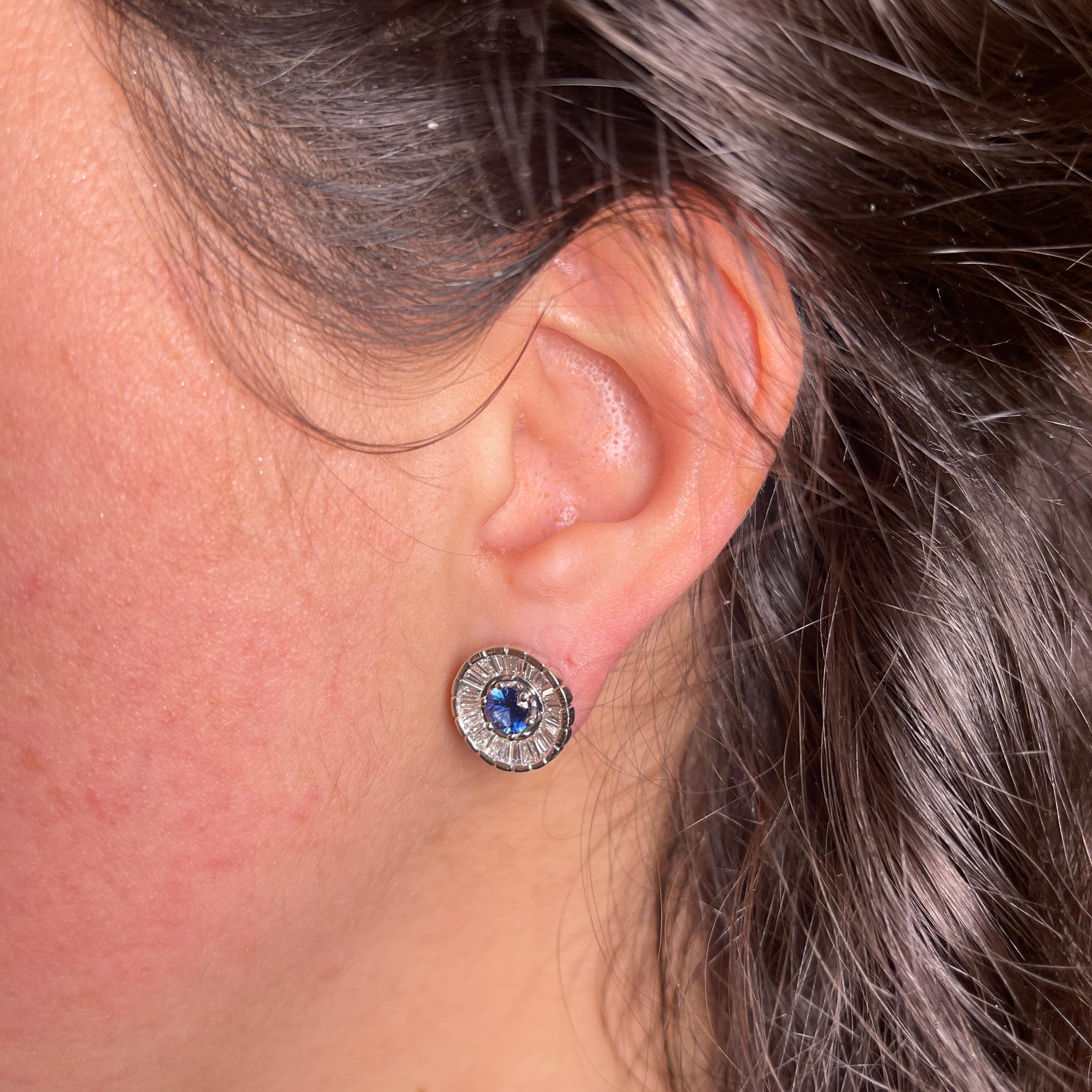 18K White Gold Sapphire and Baguette Diamond Stud Earrings For Sale 3