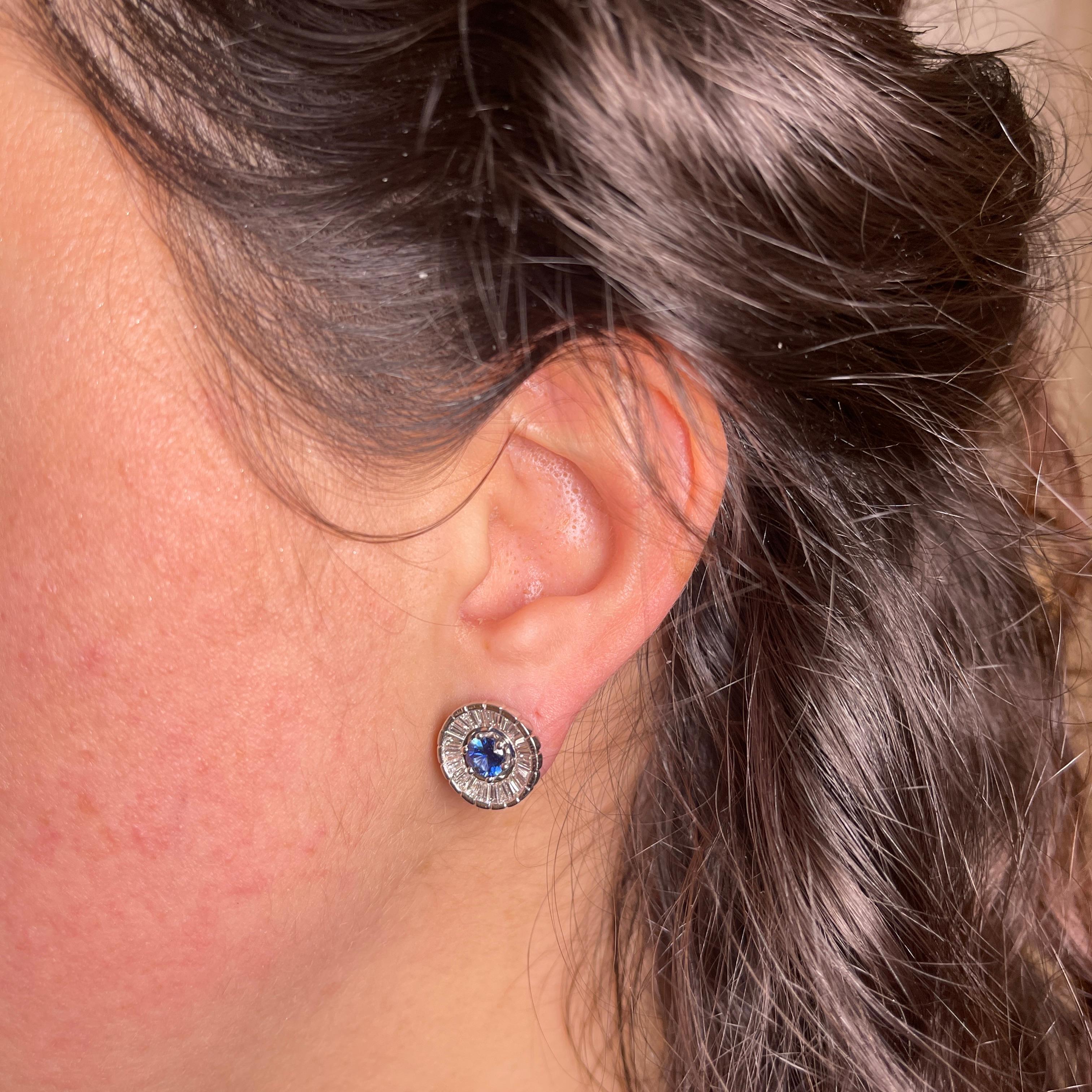 18K White Gold Sapphire and Baguette Diamond Stud Earrings For Sale 4