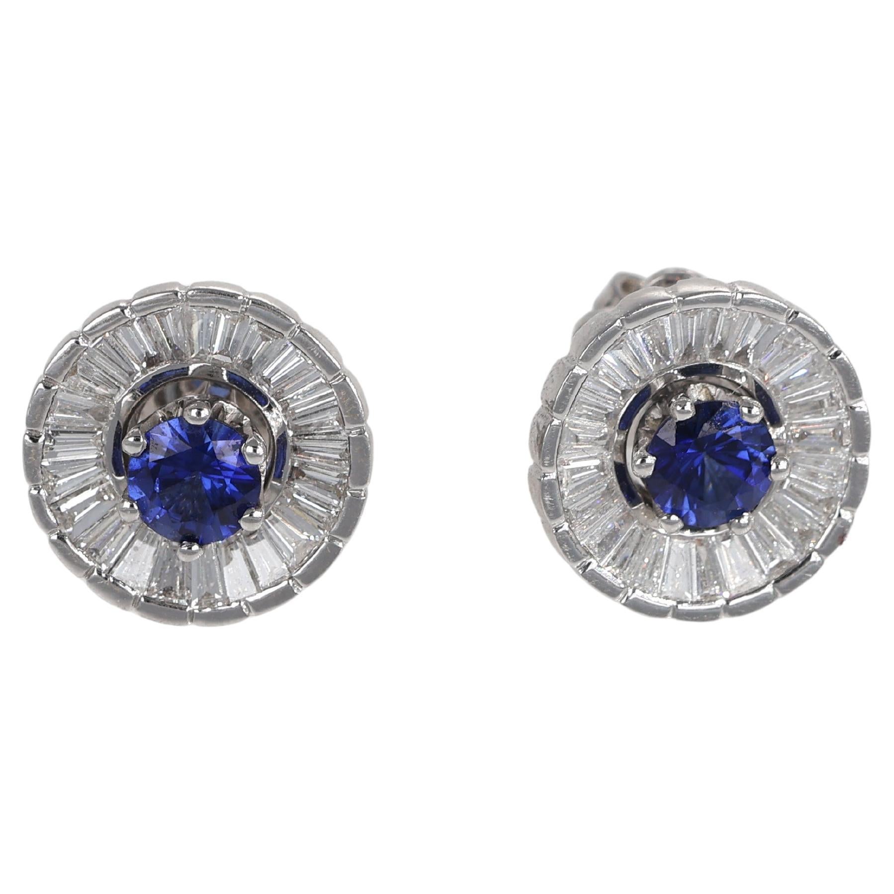 18K White Gold Sapphire and Baguette Diamond Stud Earrings For Sale
