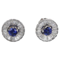 18K White Gold Sapphire and Baguette Diamond Stud Earrings