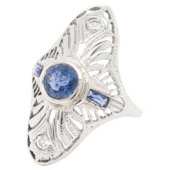 18K White Gold, Sapphire, and Diamond Art Deco Style Filigree Cocktail Ring