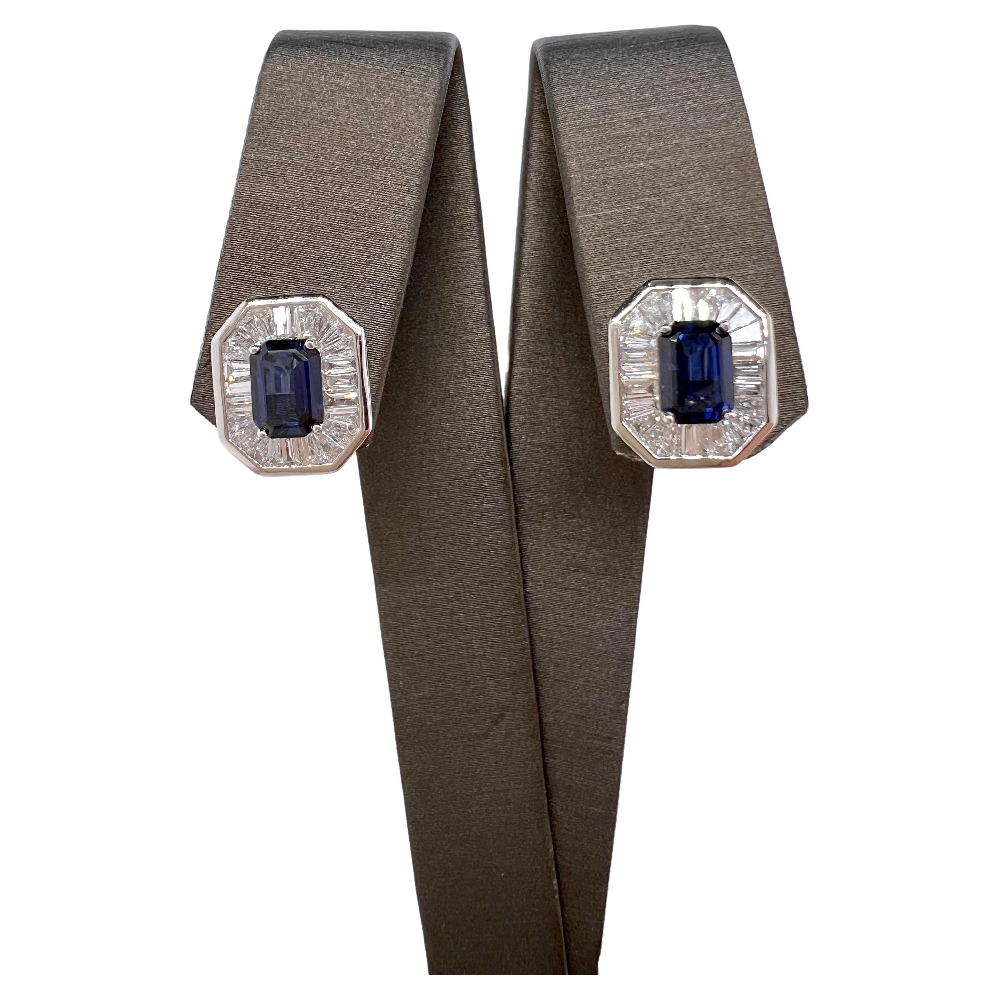 Contemporary 18k White Gold Sapphire and Diamond Baguette Earrings For Sale