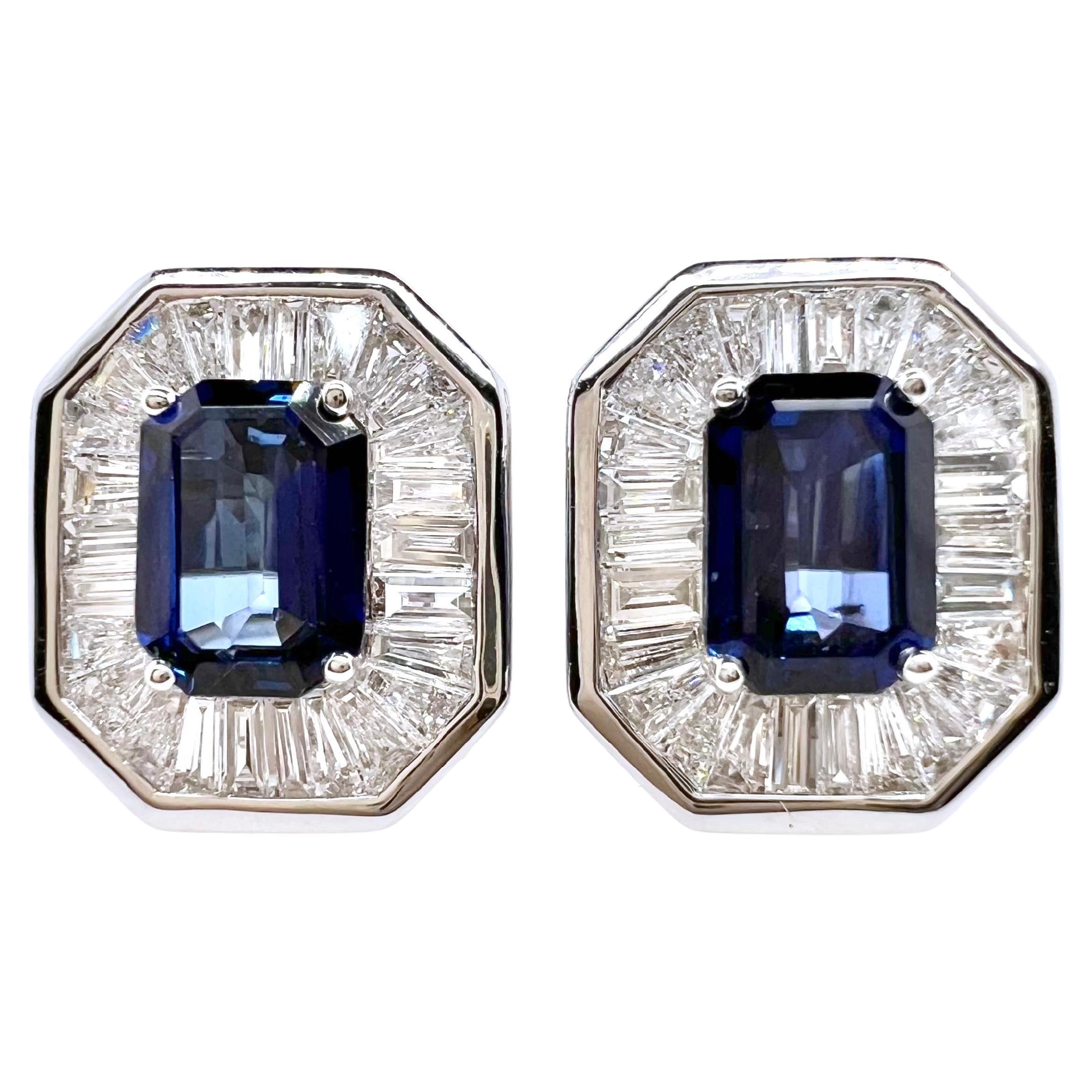 18k White Gold Sapphire and Diamond Baguette Earrings