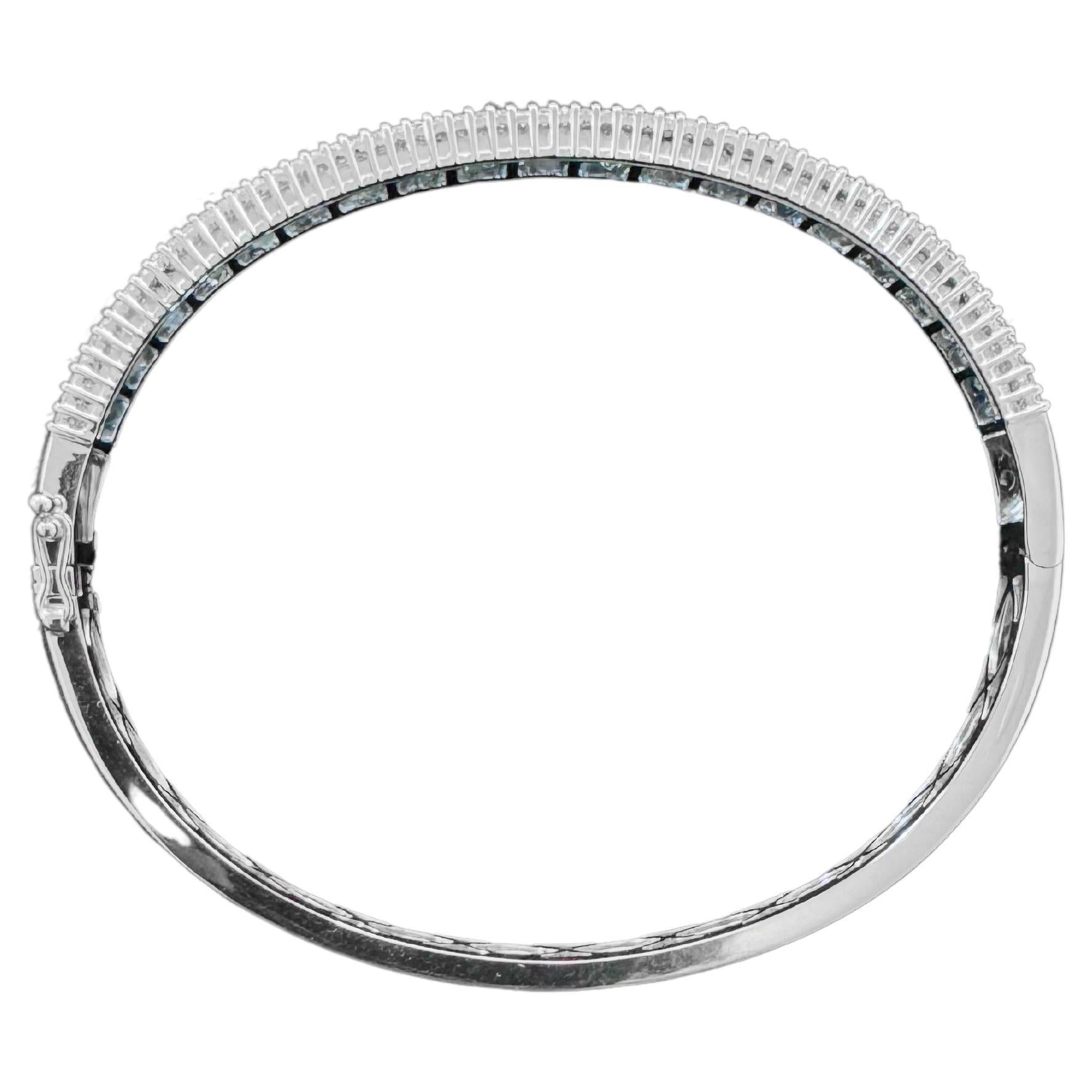 Baguette Cut 18k White Gold Sapphire and Diamond Bangle For Sale