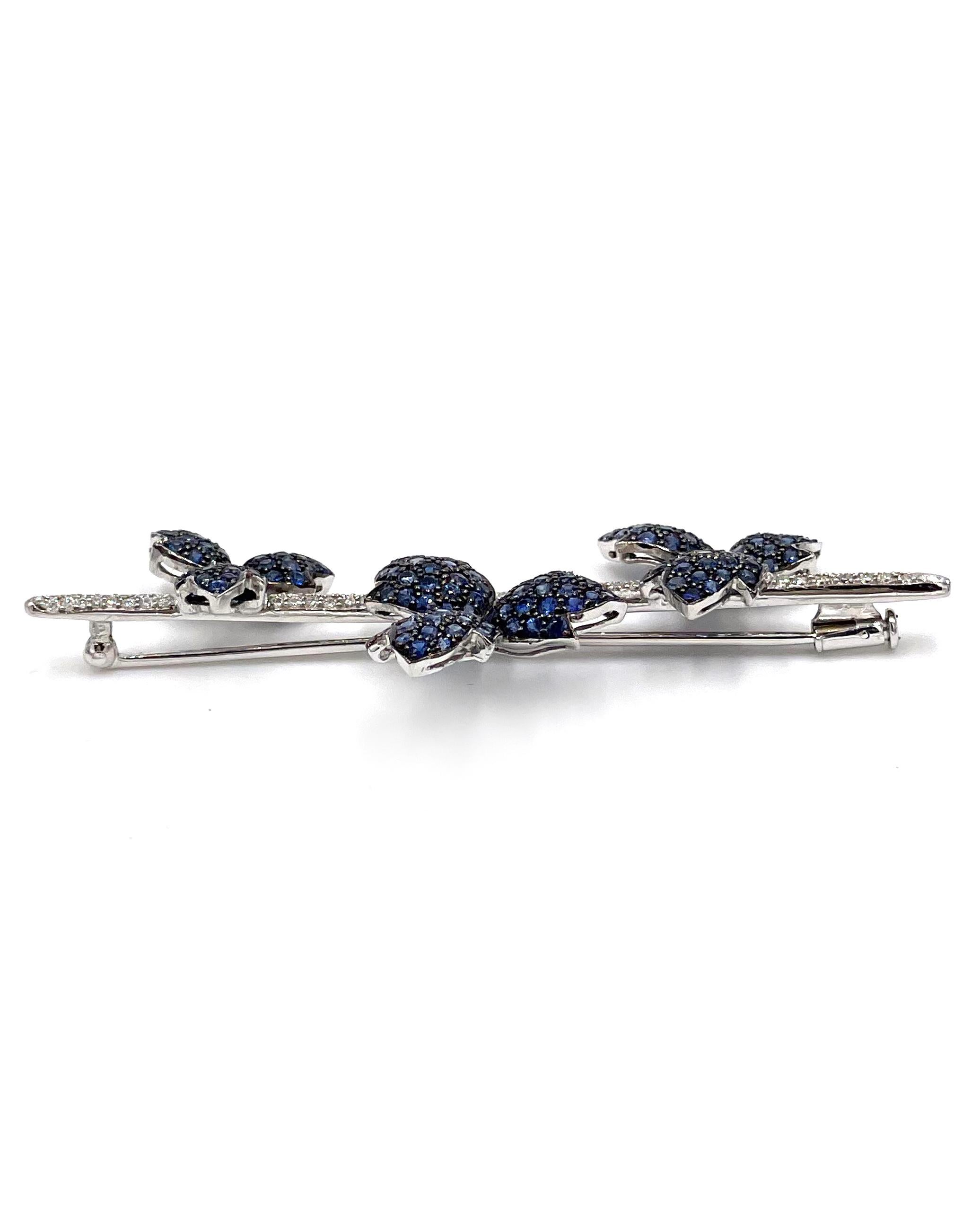 Round Cut 18K White Gold Sapphire and Diamond Floral Bar Pin Brooch For Sale