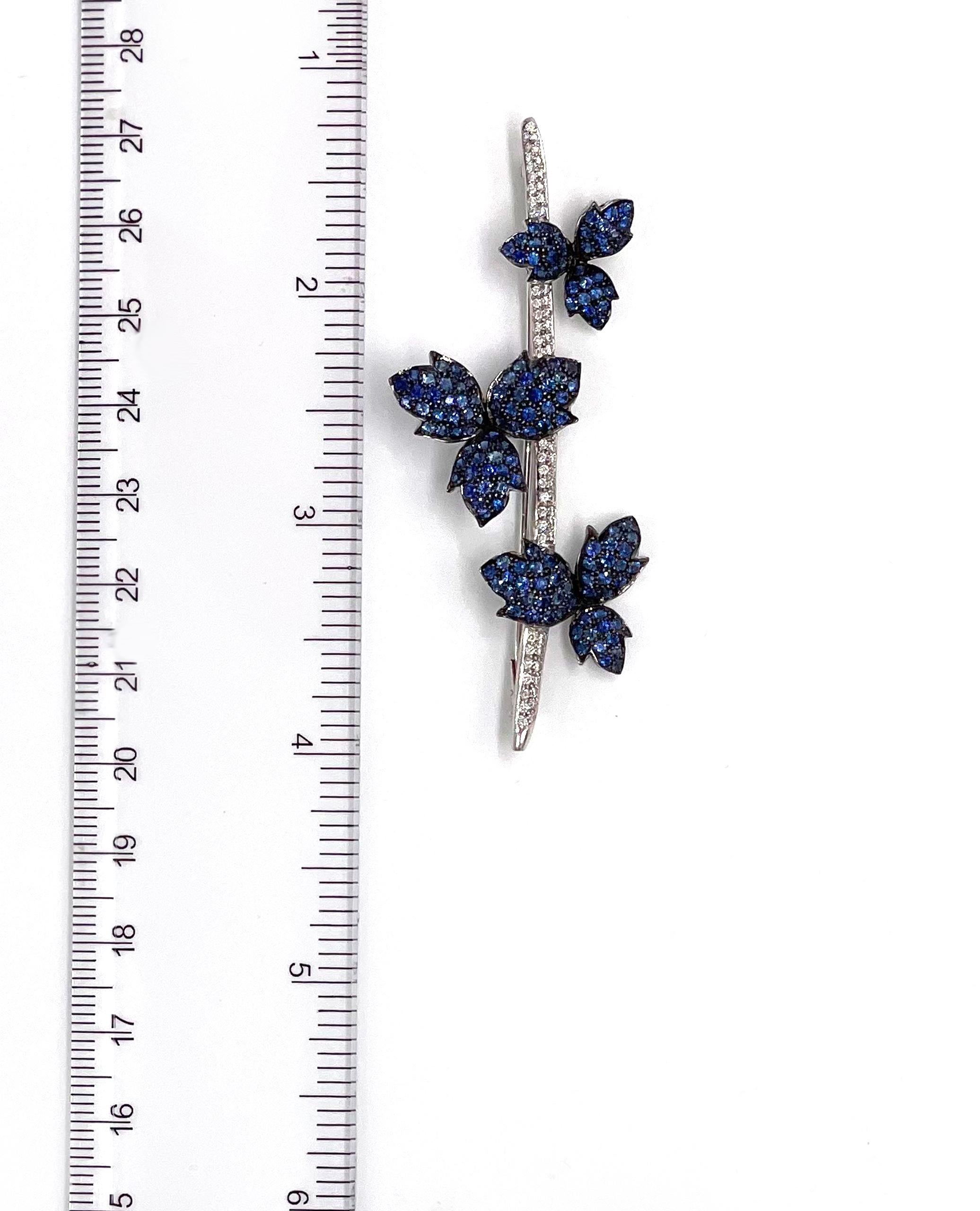 18K White Gold Sapphire and Diamond Floral Bar Pin Brooch For Sale 2