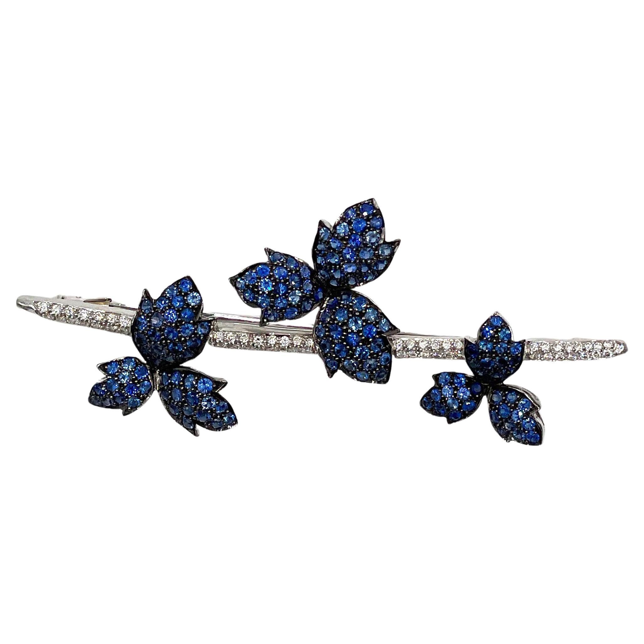 18K White Gold Sapphire and Diamond Floral Bar Pin Brooch For Sale