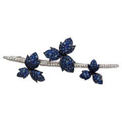 18K White Gold Sapphire and Diamond Floral Bar Pin Brooch