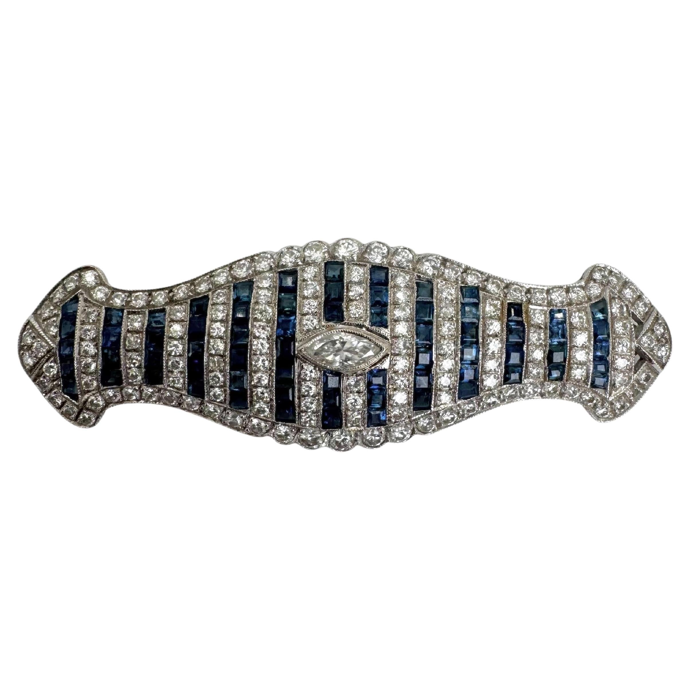 18K White Gold Sapphire and Diamond Brooch-Pendant with Marquise-Cut Center