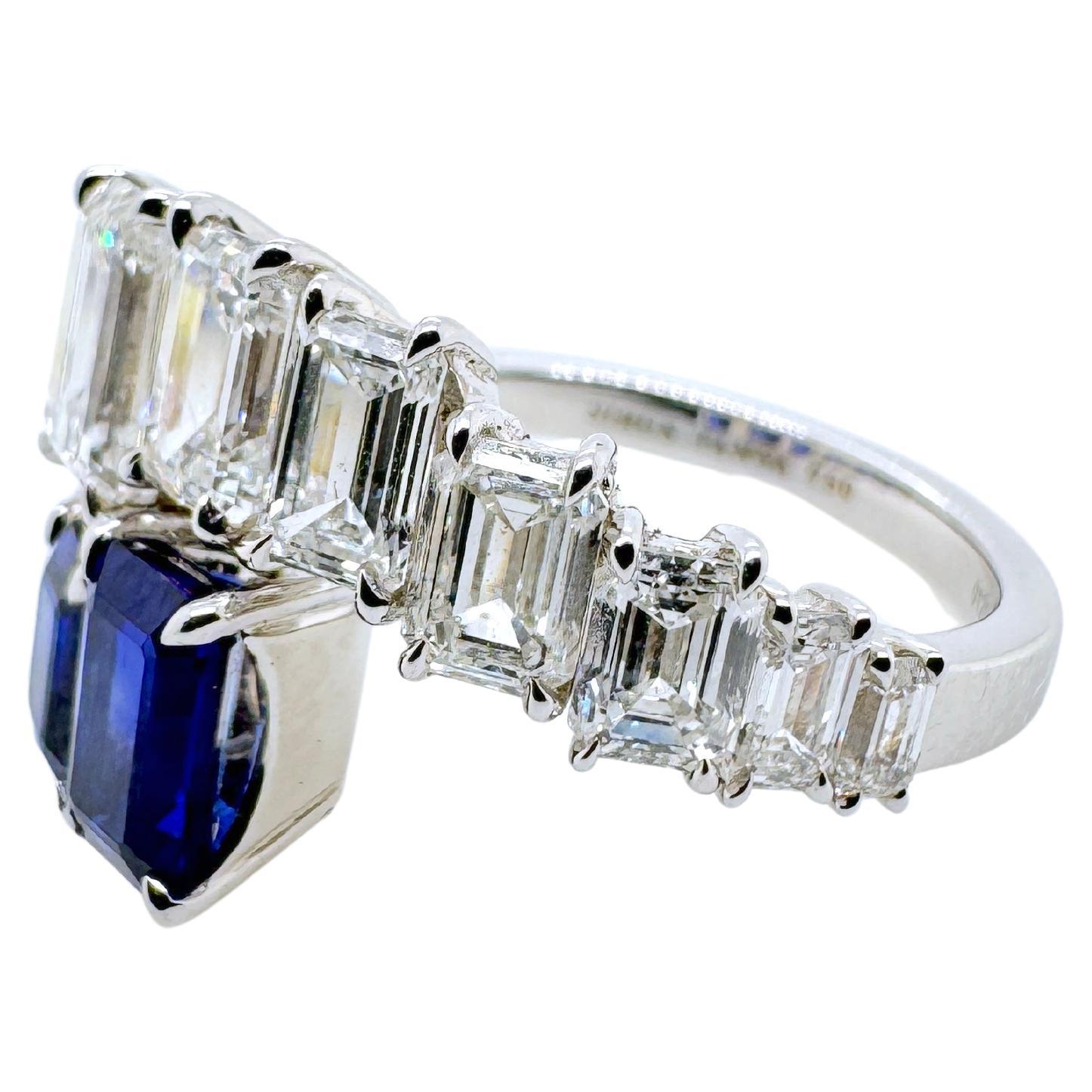 Contemporary 18k White Gold Sapphire and Diamond Bypass Ring For Sale