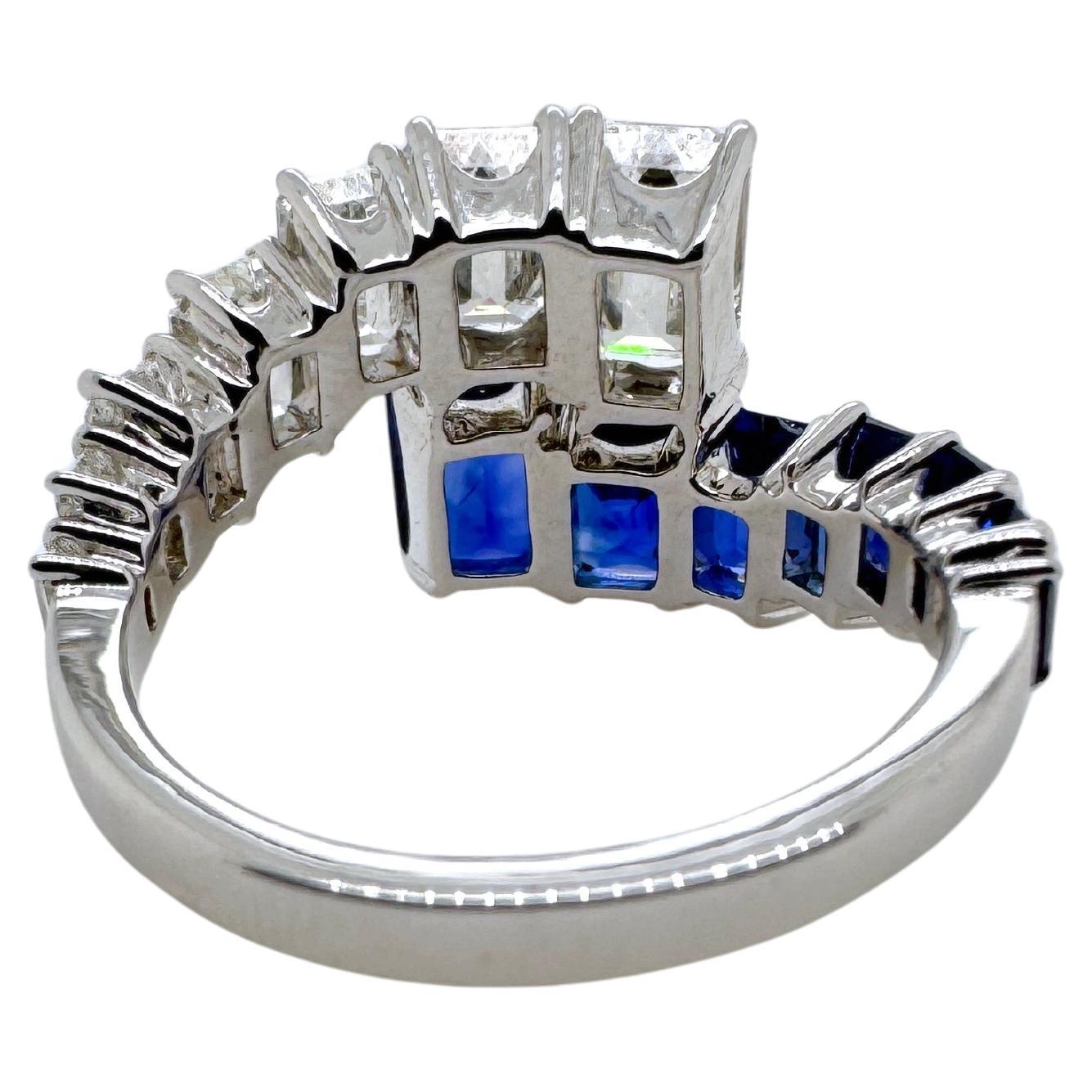 Baguette Cut 18k White Gold Sapphire and Diamond Bypass Ring For Sale