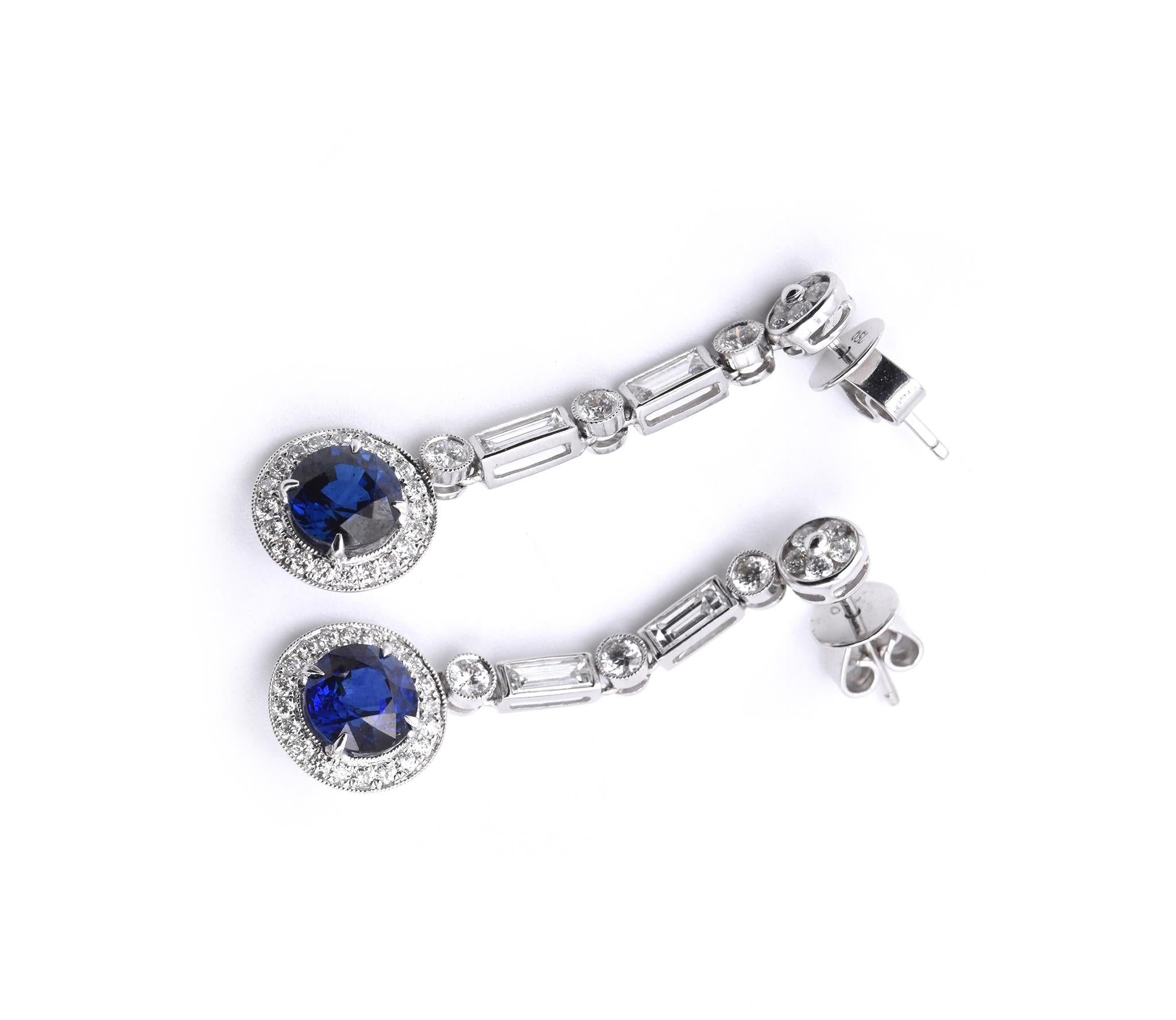 Material: 18k white gold
Gemstone: 2 round cut sapphires = 2.95cttw
Diamonds: 4 baguette and 56 round brilliant cuts = 1.54cttw
Color: G
Clarity: VS
Dimensions: earrings measure 38.10mm x 10.25mm
Fastenings: post with friction back
Weight: 5.5 grams