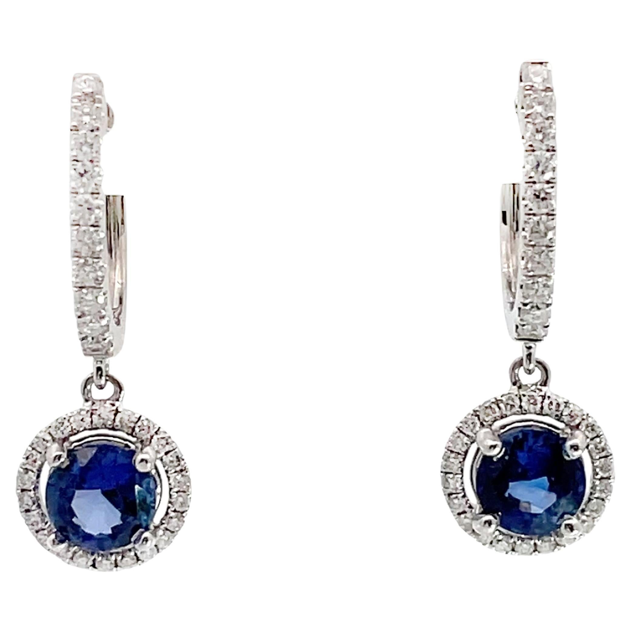 18K White Gold Sapphire and Diamond Drop Halo Earrings For Sale