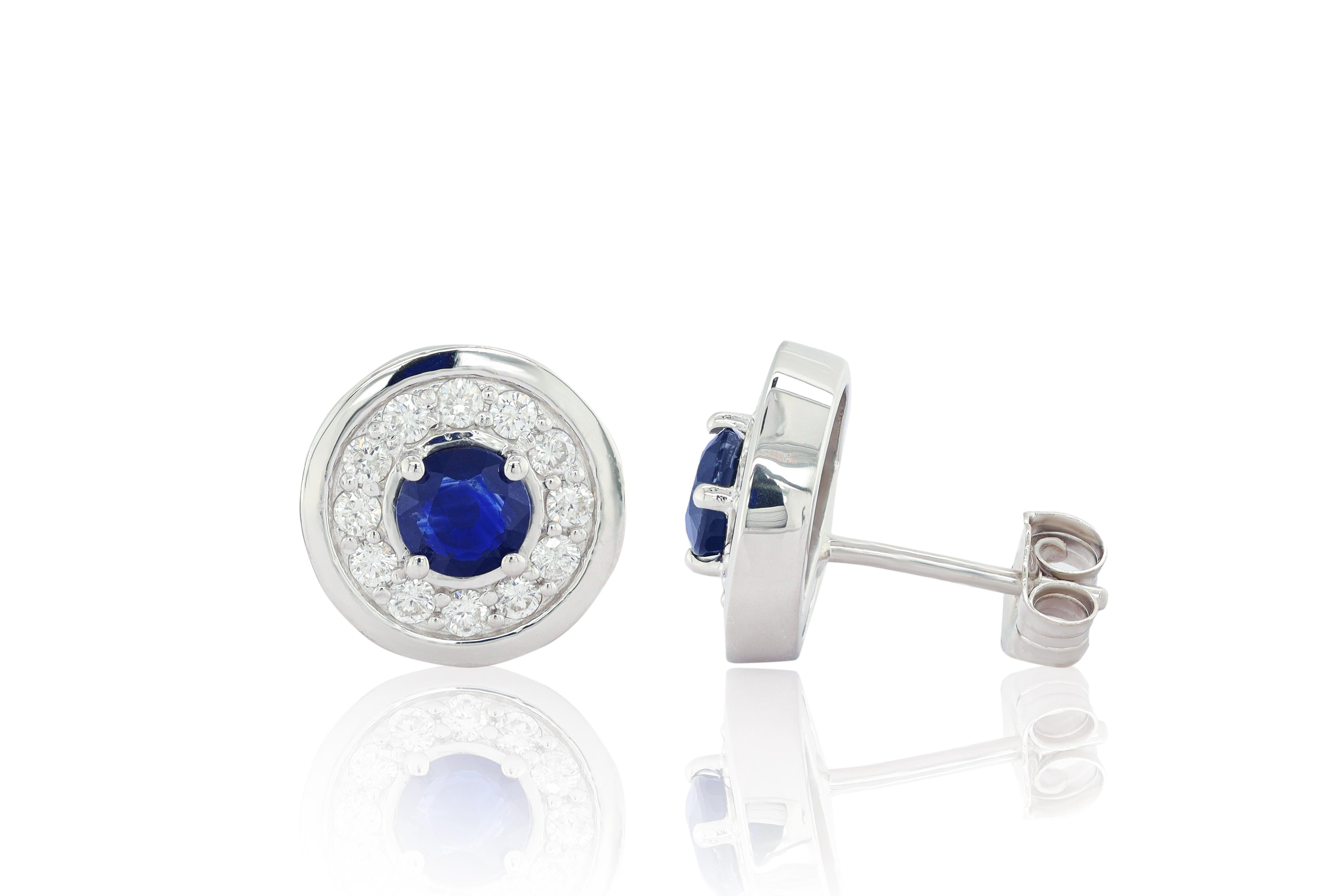 Round Cut 18K White Gold Sapphire and Diamond Earrings