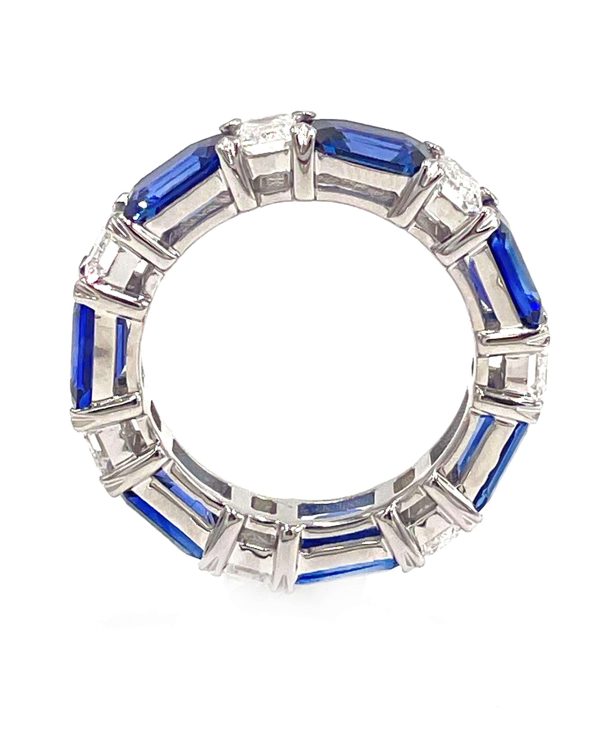 Contemporary 18K White Gold Sapphire and Diamond Emerald Cut Eternity Ring