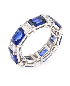 18K White Gold Sapphire and Diamond Emerald Cut Eternity Ring
