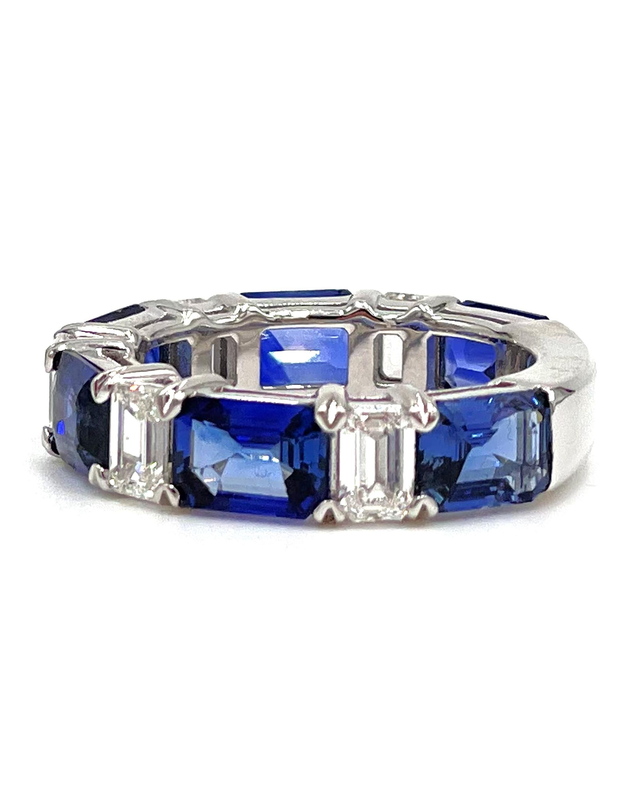 18k white gold ring with 5 emerald cut diamonds totaling 1.38 carats and 6 emerald cut sapphires, set East-West, totaling 6.10 carats.

* Finger size 7 (can be sized)
* Diamonds are E/F color, VVS clarity
* Approximately 4.84mm wide and 3.0-3.65mm
