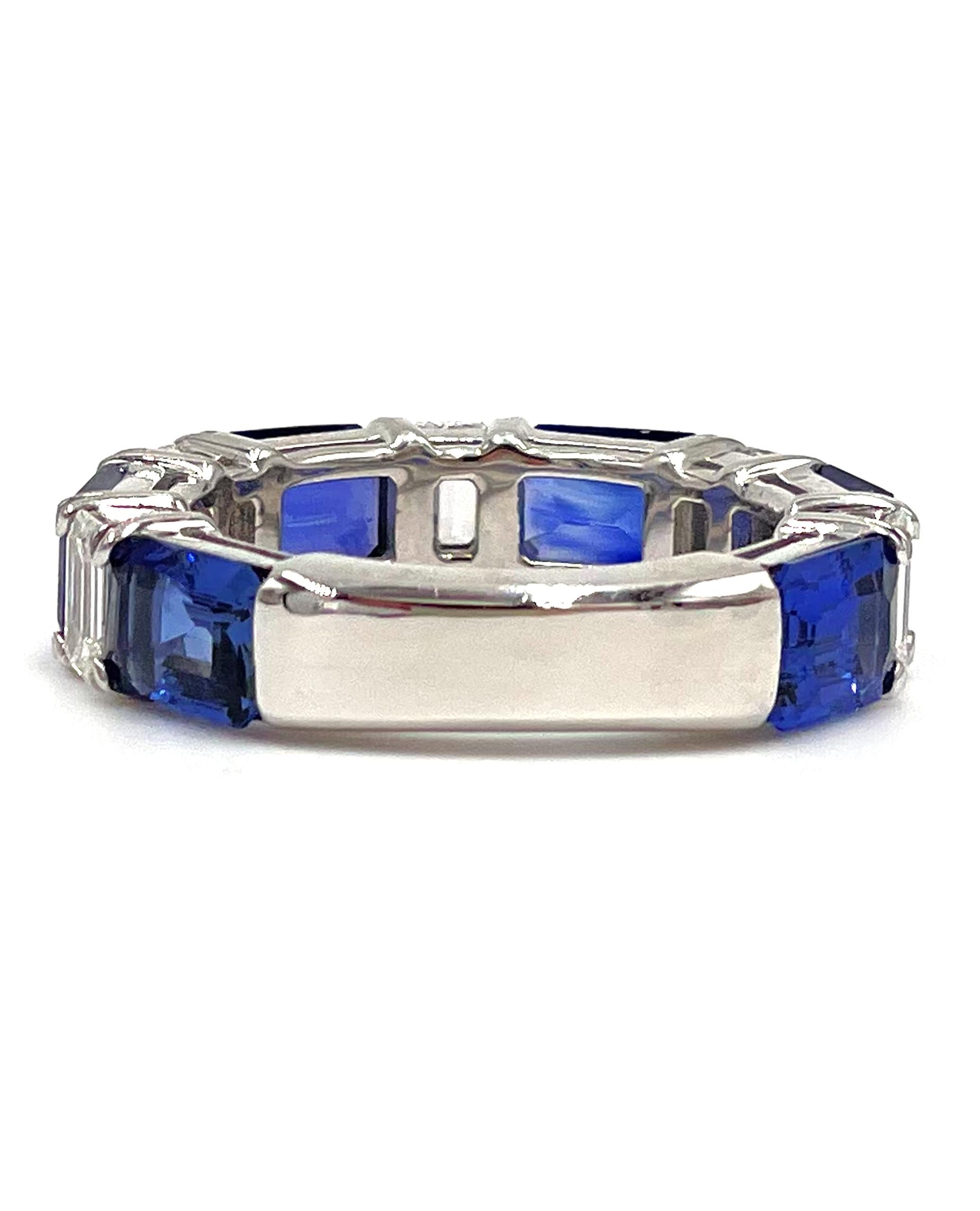 Contemporary 18k White Gold Sapphire and Diamond Emerald Cut Ring